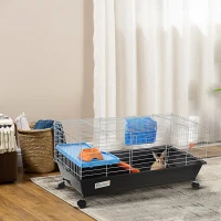 PawHut Small Animal Cage Rabbit Guinea Pigs Chinchillas Cage w/ Wheels Water Bottle Food Dish Platform Ramp 89 x 44 x 43 cm Black(m-2)