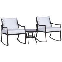 Outsunny Conjunto de Muebles de Ratán para Jardín Patio Hotel con Mesa Ø51x46 cm y 2 Sillas Mecedoras 65,5x76x82,5 cm con Cojines Lavables y Almohadas Blanco y Marrón(m-11)