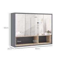 HOMCOM Meuble salle de bain avec miroir, armoire toilettes murale avec placards à 3 portes et 8 compartiments, gris(m-3)