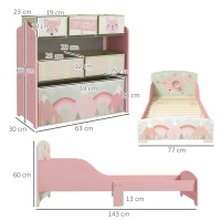 ZONEKIZ Toddler Bed Frame, Kids Storage Shelf Unit with 6 Fabric Bins for Ages 3-6 Years, Pink(m-3)