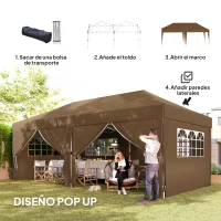 Outsunny Carpa Plegable 6x3 m Gazebo con 6 Paredes Laterales Impermeable Anti-UV y Bolsa de Transporte para Camping Fiesta Café(m-4)