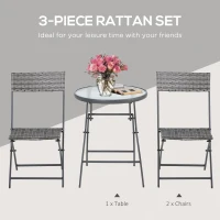 Outsunny 3 Pieces Rattan Bistro Set, Wicker Folding Garden Furniture Set with Glass Top Coffee Table and Chairs for Outdoor, Patio, Balcony, Grey(m-4)