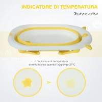 HOMCOM Vaschetta Bagnetto Pieghevole per Bambini 0-3 Anni con Indicatore di Temperatura e Cuscino, 81.5x50.5x23.5 cm, Giallo(m-8)