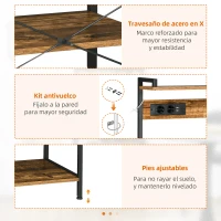 HOMCOM Estantería de Cocina para Microondas con Toma de Corriente Cargador USB 5 Ganchos 90x42x130 cm Marrón Rústico(m-7)