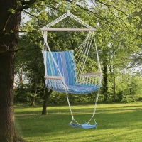 Outsunny Hanging Rope Chair with Soft Padded Seat & Backrest, Portable Garden Hammoc Chair with Wooden Support Bar, Armrests, Cotton Cloth, Footrest, for Patio & Tree, Blue(m-2)