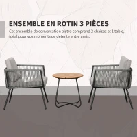 Outsunny Ensemble de jardin en résine tressée 3 pièces cadre en acier 2 fauteuils + table basse coussins inclus gris(m-6)