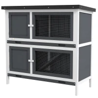 PawHut Conigliera a 2 Livelli in Lego di Abete e Bitume con Rampa, 2 Vassoi Estraibili 4 Porte, 97x44x91 cm, Grigio(m-10)