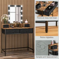 HOMCOM Coiffeuse table de maquillage miroir LED réglable intégré - pied en métal noir - 4 tiroirs en tissu - Aspect bois foncé(m-6)