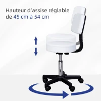 HOMCOM Tabouret massage à roulettes réglable en hauteur pivotant avec dossier ergonomique blanc(m-7)