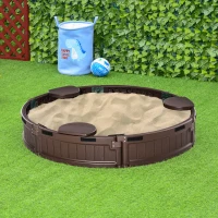 Outsunny Sand Pit Kids Outdoor Plastic Round Sandbox w/ Water-Resistant Oxford Cover Bottom Fabric Liner for 3-12 years Brown(m-2)