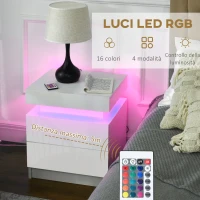 HOMCOM Set of 2 White Bedside Tables with LED Lights, High Gloss Front Nightstands with 4 Drawers(m-4)