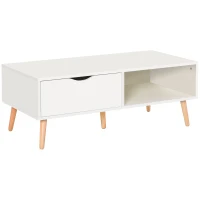 HOMCOM Table Basse rectangulaire Design scandinave Grande Niche et tiroir Coulissant Bois Massif pin Panneaux Particules Blanc(m-1)