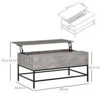 HOMCOM Mesa de Centro Elevable con Espacio de Almacenaje Oculto para Salón Comedor 90x60,5x45,5 cm Gris Cemento(m-3)