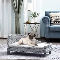 Pawhut Wicker Dog Cat Bed Kitten Lounger  Pet Bed Rattan Willow Basket Soft Cushion Lightweight 69 x 42 x 33 cm Grey(m-10)
