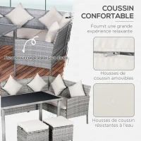 Outsunny Salon de jardin 6 pers. grand confort canapé d'angle + 2 poufs + table à manger 9 coussins assise & dossier fournis résine tressée grise(m-5)