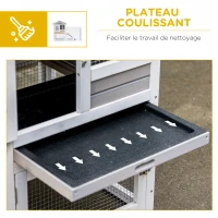 PawHut Clapier cage à lapins cottage - niche supérieure avec rampe et enclos extérieur - plateau coulissant, toit bitumé, 4 portes verrouillables - dim. 128L x 64l x 92H cm bois de sapin blanc gris(m-6)