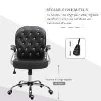 HOMCOM Fauteuil de bureau chaise de bureau ergonomique réglable roulettes pivotantes boutons strass revêtement synthétique PU 59,5L x 60,5l x 95-105H cm noir(m-5)