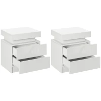 HOMCOM Set of 2 White Bedside Tables with LED Lights, High Gloss Front Nightstands with 4 Drawers(m-11)