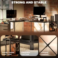 HOMCOM 168cm Reversible L Shaped Desk, Industrial Corner Computer Desk with Adjustable Shelf and Storage Bag, 240cm 2 Person PC Table with Monitor Stand, Black(m-7)