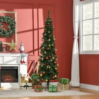 HOMCOM 6.5FT Tall Pencil Slim Artificial Christmas Tree with Realistic Branches, Tip Count and Pine Cones, Pine Needles Tree, Xmas Decoration, Green(m-10)