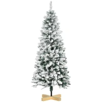 HOMCOM 5 Ft Snow Flocked Artificial Christmas Tree, Xmas Pencil Tree with Realistic Branches, Auto Open, Pinewood Base, Green(m-1)
