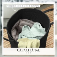HOMCOM Cesto Portabiancheria da 36L Portatile e Pieghevole con Manici in Cotone Naturale, Ø38x45 cm, Nero(m-5)
