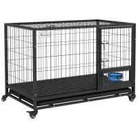 PawHut Heavy Duty Dog Crate on Wheels w/ Bowl Holder, Removable Tray, Openable Top, Detachable Door, for L, XL Dogs(m-1)