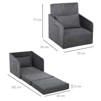 HOMCOM Single Sofa Bed Armchair Soft Floor Sleeper Lounger Futon Couch w/ Pillow and Pocket Grey(m-3)