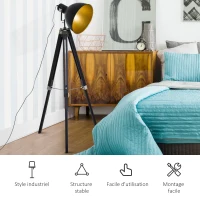 HOMCOM Lampadaire trépied style industriel hauteur réglable abat-jour ajustable E27 40W max. 65 x 65 x 108-152 cm bois métal noir et doré(m-6)