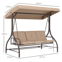 Outsunny Balancelle de jardin convertible 3 places grand confort avec coussins toit réglable métal polyester kaki(m-3)
