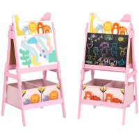 AIYAPLAY Cavalletto Artistico per Bambini 3-8 Anni con Lavagna a 2 Lati e 2 Cestini Contenitori, in Legno, 53.5x49x113 cm, Rosa