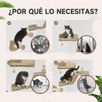 PawHut Rascador de Pared para Gatos con 2 Postes de Sisal Plataforma Doble con Escalera Suave y 1 Plataforma para Saltar Beige(m-6)