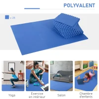 HOMCOM Tapis en Mousse de Protection Sol Tapis de Fitness 62 cm x 62 cm x 1 cm avec Bordures Tapis Puzzle 25 pièces 9,3 m² de Surface Bleu(m-4)