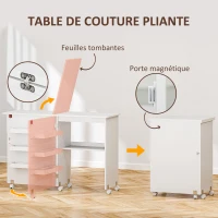 HOMCOM Table de couture pliante meuble couture à abattant avec bacs de rangement, étagère ouverte et roulettes, blanc(m-4)