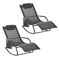 Outsunny 2PCs Outdoor Garden Rocking Chair, Patio Sun Lounger Rocker Chair with Breathable Mesh Fabric, Removable Headrest Pillow, Armrest, Side Storage Bag, Black(m-1)