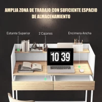 HOMCOM Mesa de Escritorio con 2 Cajones y Estante Mesa de Estudio para Oficina Dormitorio 106x51,5x102,5 cm Blanco y Roble(m-4)