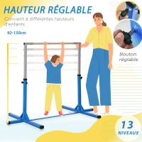 HOMCOM Barre fixe de gymnastique enfant - barre de gymnastique hauteur réglable 13 niveaux 92 à 150 cm - acier bleu bois hêtre(m-4)