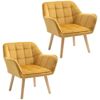 HOMCOM Armchair Accent Chair, Vanity Chair with Wide Arms, Slanted Back, Padding, Metal Frame, Wooden Legs, Home Bedroom Furniture Seating, Set of 2, Yellow(m-1)
