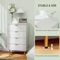 HOMCOM Commode 4 tiroirs commode chambre meuble de rangement moderne avec poignées et pieds dorés, dim. 60 x 40 x 96 cm, blanc(m-6)