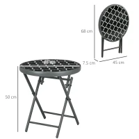 Outsunny Φ45cm Garden Side Table, Outdoor Round Folding Patio Table with Imitation Marble Glass Top, Small Coffee Table, Black and White(m-3)