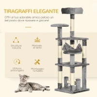 PawHut Albero Tiragraffi Giocattolo per Gatti a 4 Livelli con Amaca Cuccia Piattaforme in Peluche Sisal Naturale Altezza 132cm Grigio(m-4)