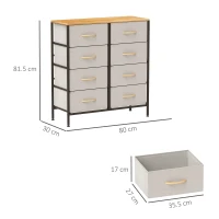HOMCOM Fabric Chest of Drawers, Industrial Bedroom Dresser with 8 Fabric Drawers, Steel Frame and Wooden Top for Nursery, Living Room, Hallway, Cream White(m-3)