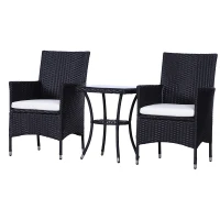 Outsunny 3 Pieces Rattan Bistro Set, Wicker Garden Furniture Set with 2-Tier Coffee Table and Chairs, Cushions, for Outdoor Patio Balcony, Black(m-12)