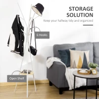 HOMCOM Freestanding Metal Coat Rack Stand 9 Hooks Clothes Tree with 1 Shelf Hat Display Hall Tree Hanger Bag Umbrella Hanging Organiser White(m-4)