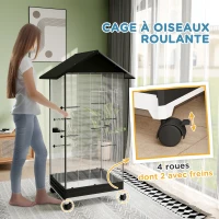 PawHut Cage oiseau sur pied volière oiseaux intérieure sur roulettes 2 mangeoires 8 perchoirs 79 x 65 x 155 cm fil d'acier noir(m-7)