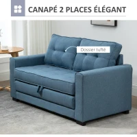 HOMCOM Canapé droit convertible 2 places - dossier capitonné - 147,5 x 75 x 85 cm - bleu(m-4)