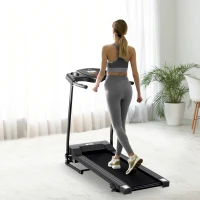 HOMCOM 0.75HP Foldable Motorised Treadmill 1-10 km/h, Indoor Electric Adjustable Running Machine w/ Three Preset Modes, LCD Display, Two Cup Holders for Home, Office, Gym - Black(m-2)