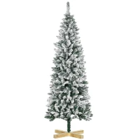 HOMCOM 6 Ft Snow Flocked Artificial Christmas Tree, Xmas Pencil Tree with Realistic Branches, Auto Open, Pinewood Base, Green(m-1)