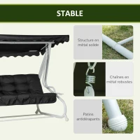 Outsunny Balancelle de jardin 2 places convertible grand confort toit inclinaison réglable coussin plateaux porte-gobelets métal polyester noir(m-7)
