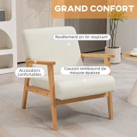 HOMCOM Fauteuil de Salon Fauteuil de Relaxation Fauteuil Simple pour Chambre Cadre en Bois hévéa Revêtement en Lin Crème(m-4)